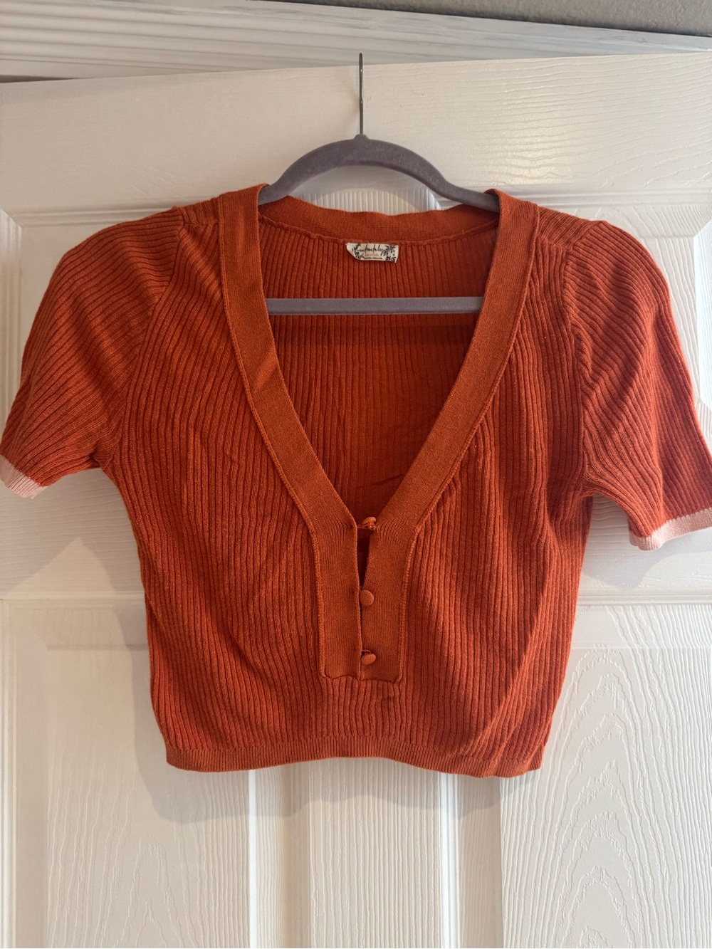 Free People Ribbed Short-Sleeve V-Neck Button Crop Top - Rust